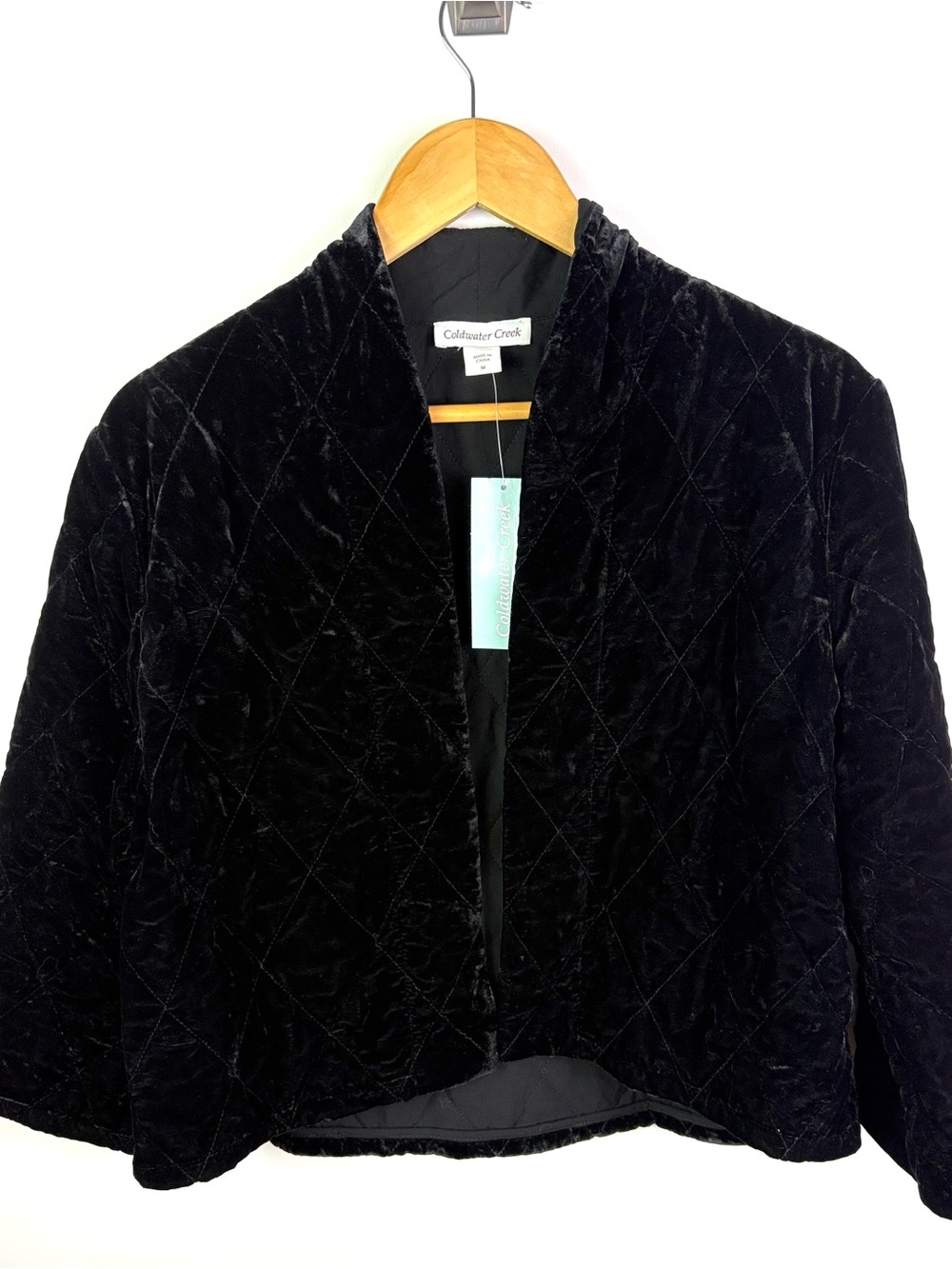 NWT Coldwater Creek Black Quilted Velvet Open-Front Jacket size M